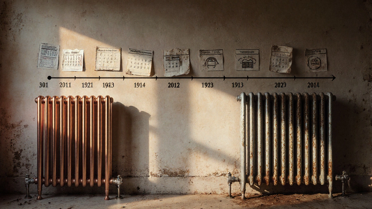 30-летняя история радиаторов: медный в целости, алюминиевый разрушен.