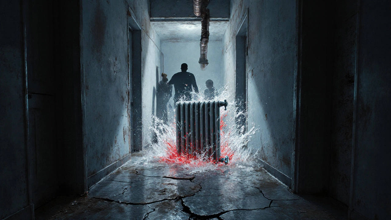 Лопнувший алюминиевый радиатор в старой квартире, вода льется вниз, соседи ниже реагируют.