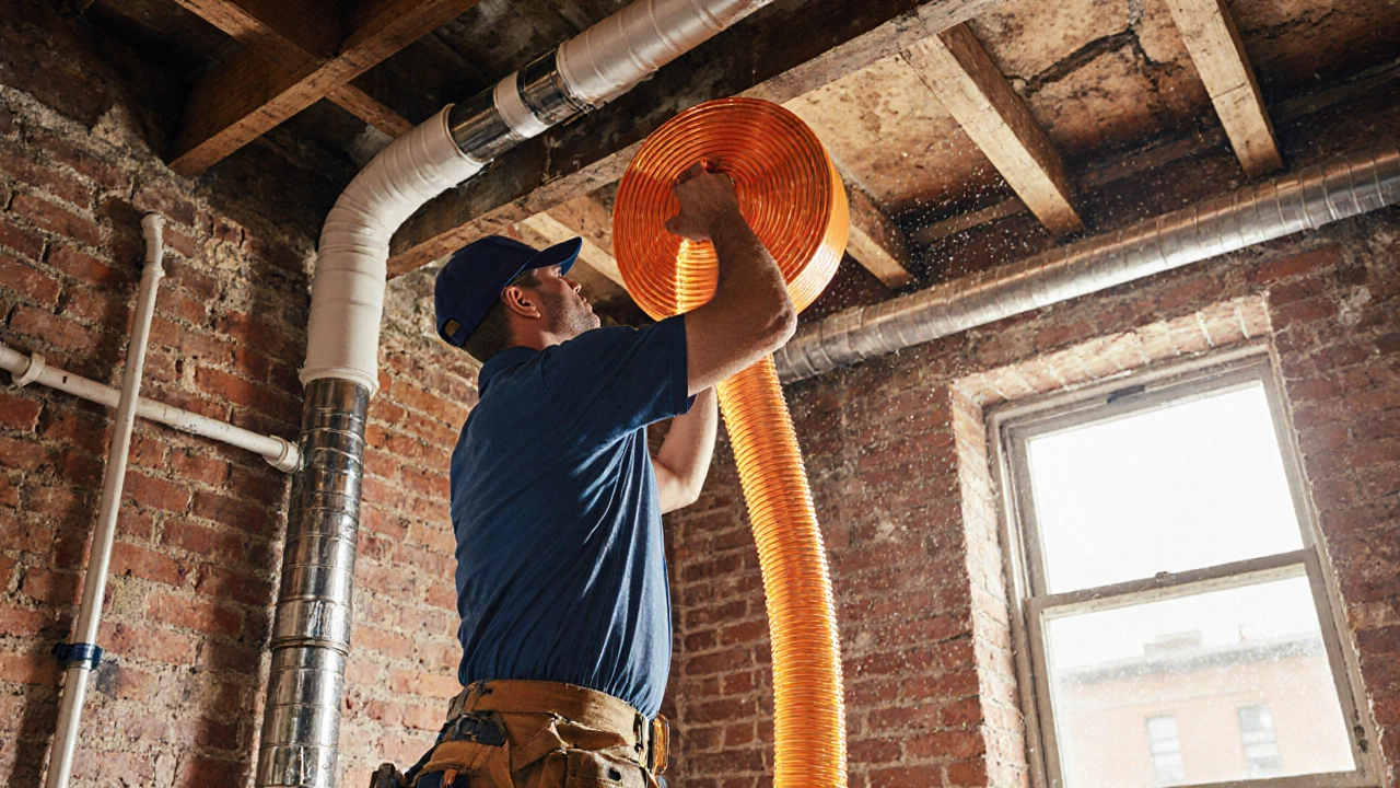 Плотник укладывает гибкие PEX‑трубы в старый кирпичный дом, добавляя изоляцию и компенсаторы.