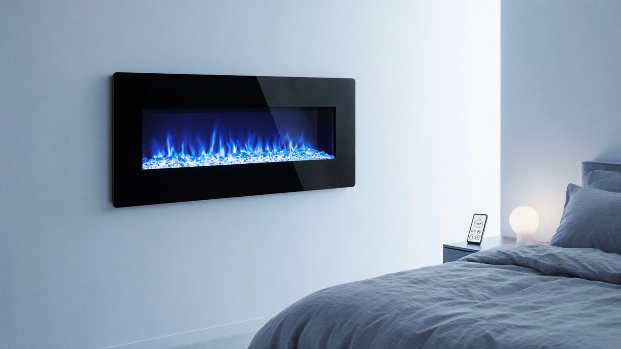 Современная спальня с электрическим камином, мягкое освещение.