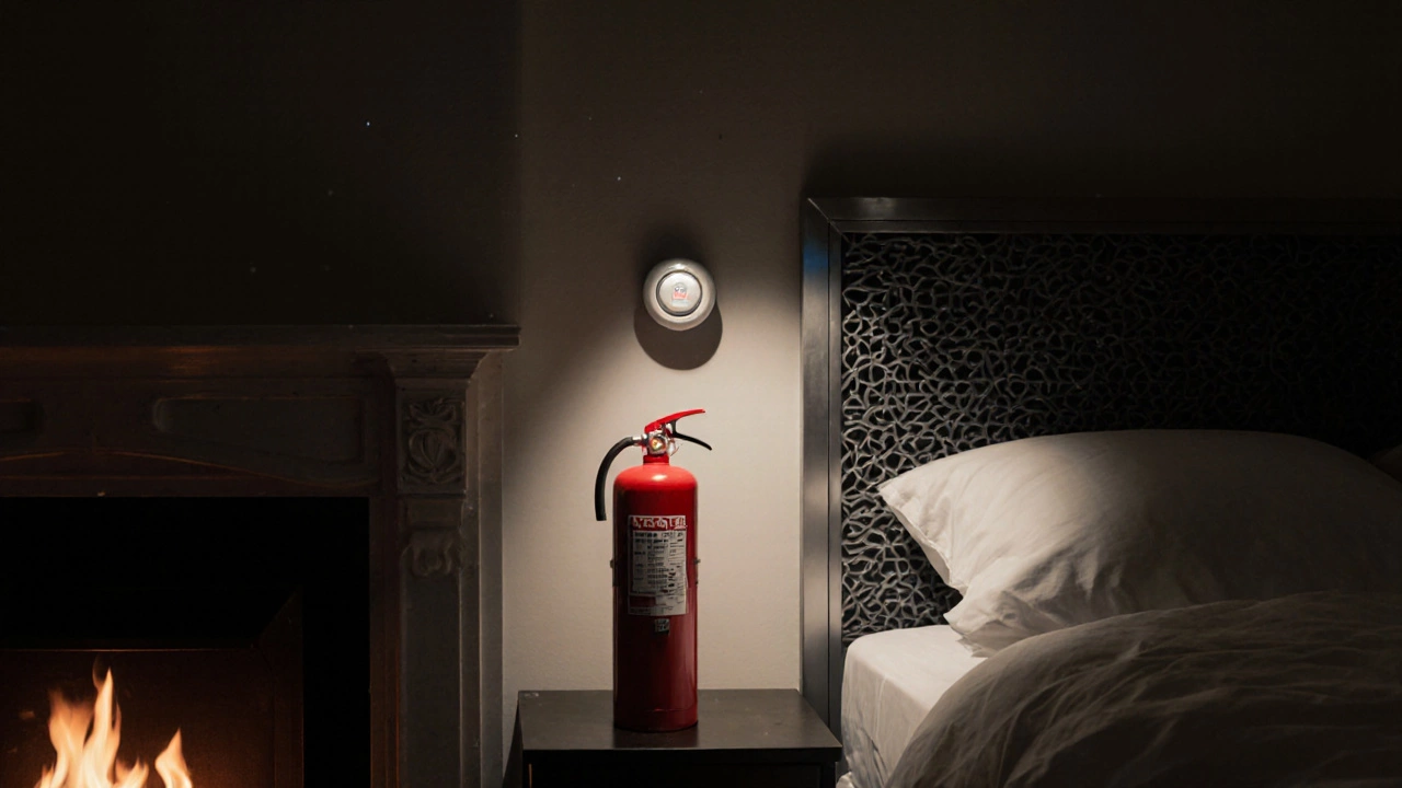 Спальня с огнетушителем, датчиком CO и тепловым щитом рядом с камином.