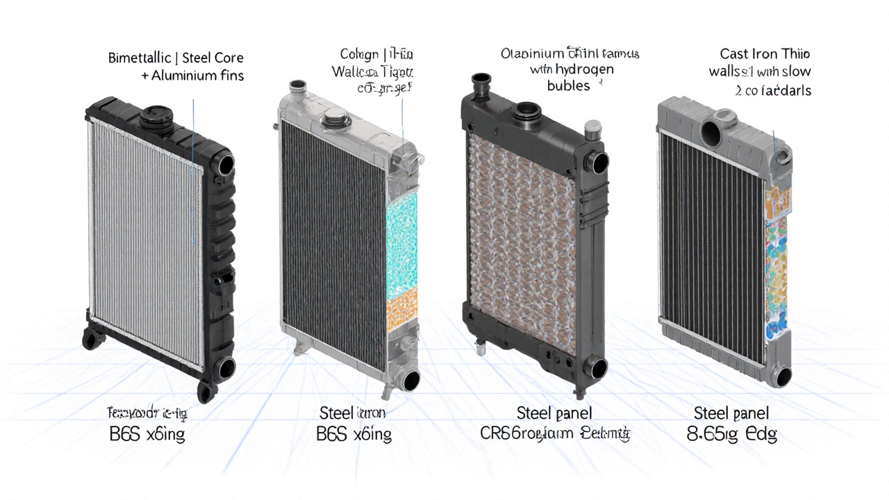 Сравнение четырех типов радиаторов в разрезе с обозначением давления и температуры.