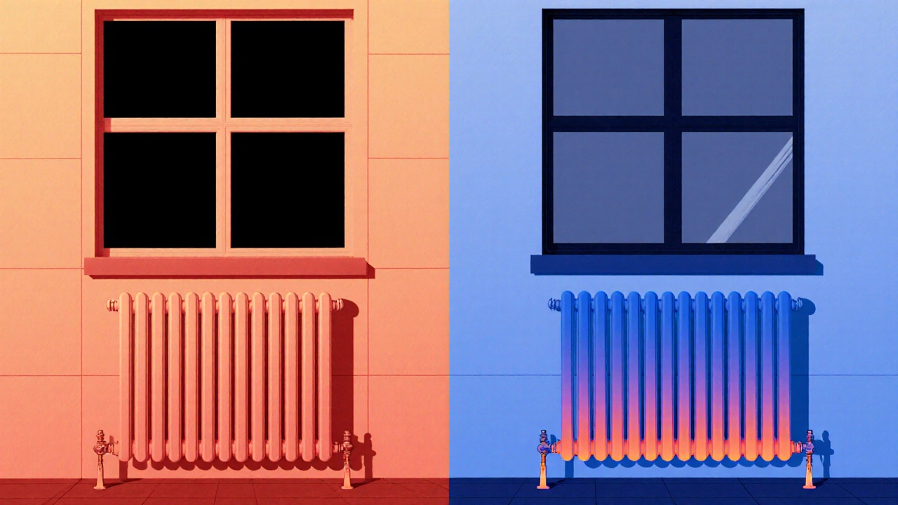 Сравнение двух радиаторов: один в старом доме греет мало, другой в новостройке — эффективно, с тепловыми градиентами
