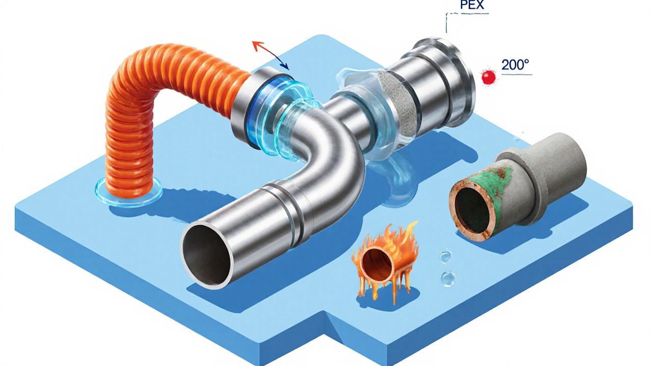Срез системы: PEX гибкая, сталь и медь прочные, PVC деформируется под высокой температурой.