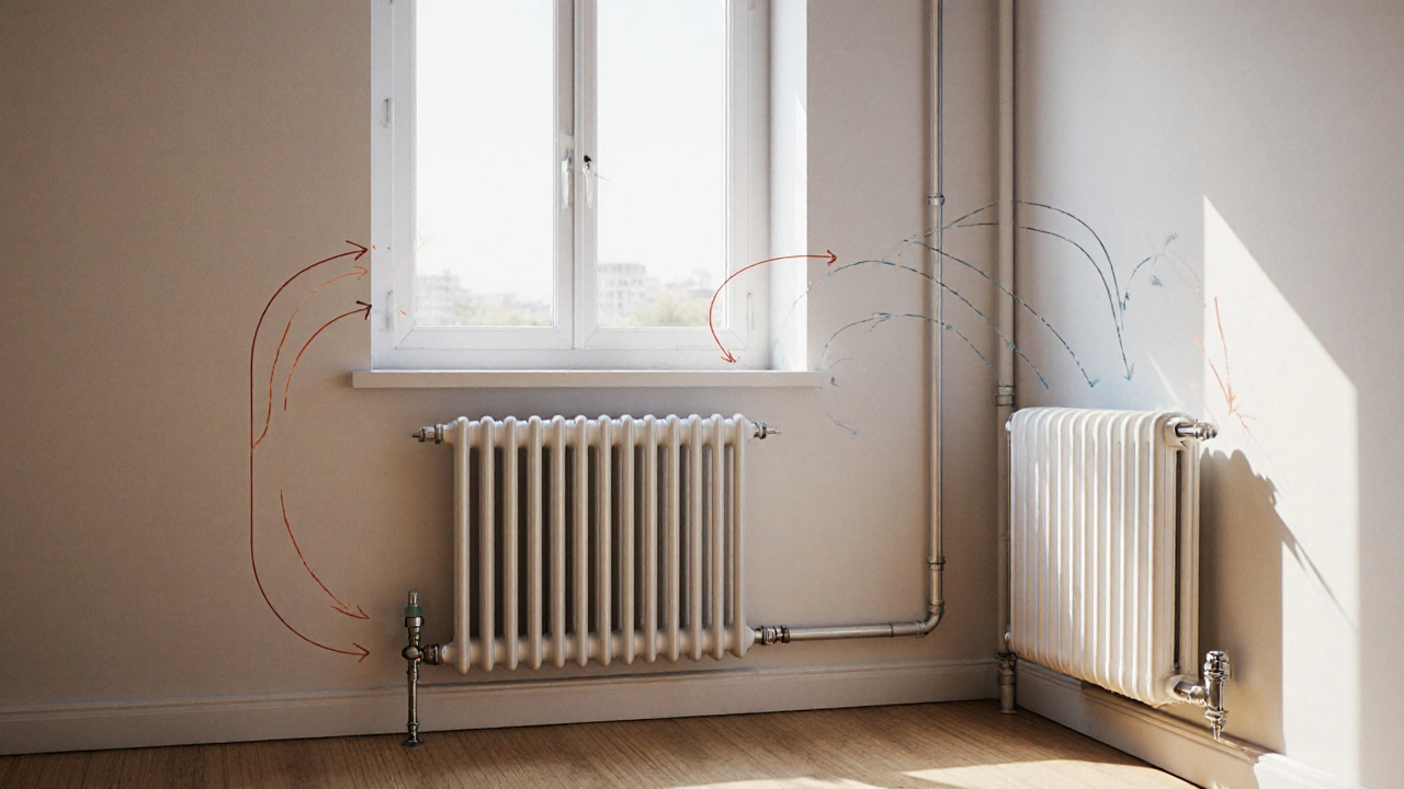 Угловая комната с двумя радиаторами и диагональным подключением, тепловые потоки показывают равномерный обогрев