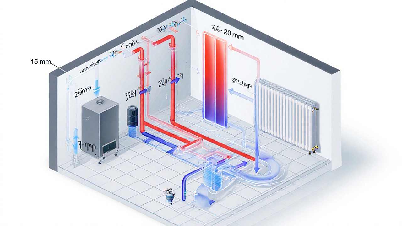 Изометрическая схема системы отопления с указанием диаметров труб: 25 мм, 20 мм и 15 мм, с потоком теплоносителя и градиентом температур.