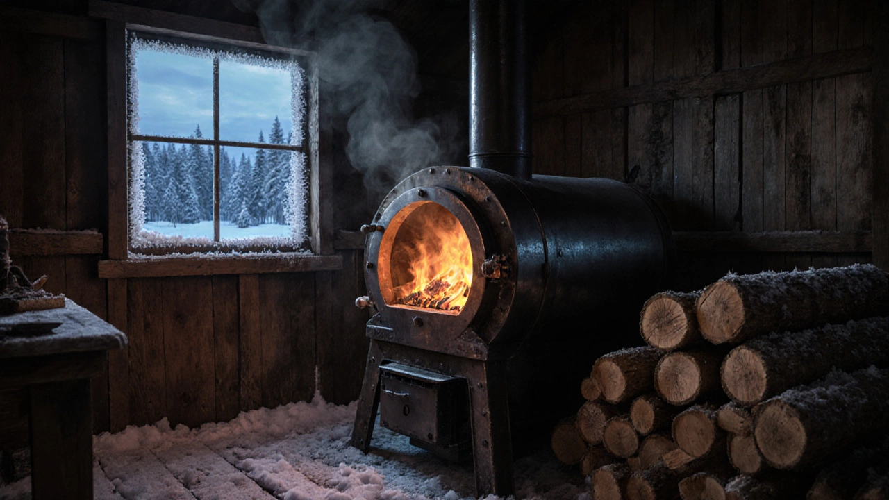 Пиролизный котел в деревянной избе с дровами и закатом за окном.
