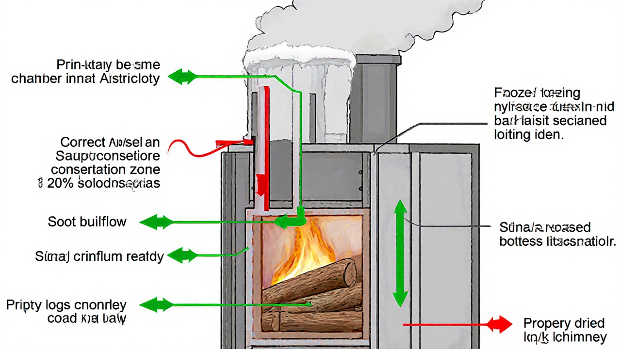 Разрез пиролизного котла с неправильным потоком воздуха и наледью в дымоходе.