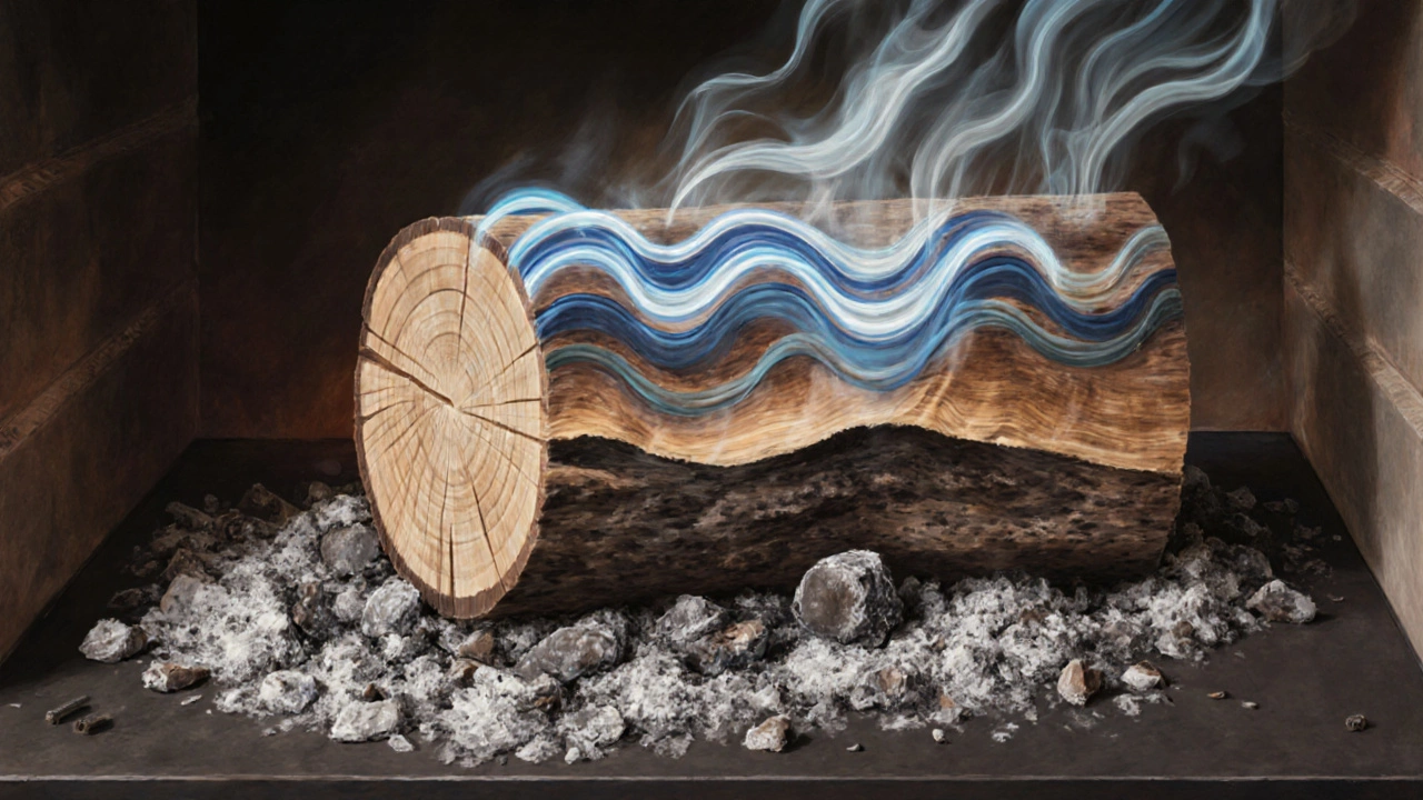 Разрез сгорающих дров: газы, тепло и зола — визуализация химического процесса с угольками и гвоздем.