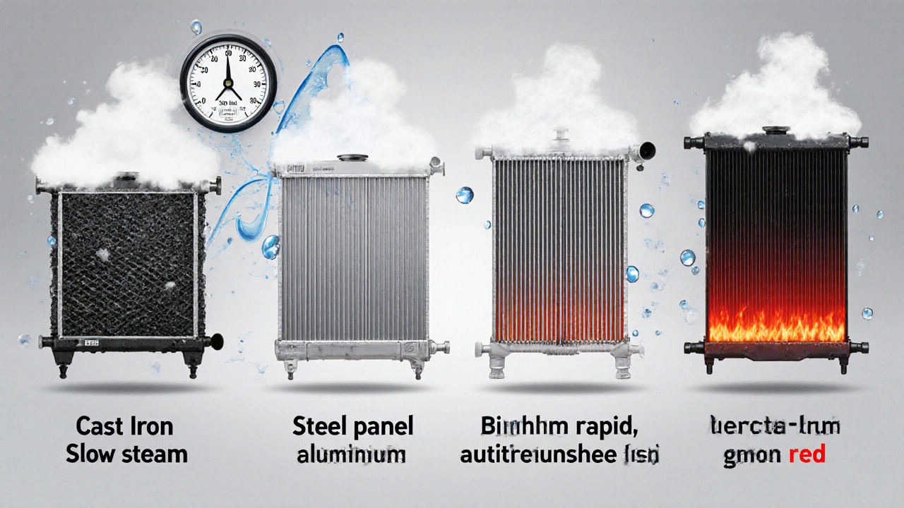 Сравнение четырёх типов радиаторов: чугунный, стальной, алюминиевый и биметаллический с указанием теплоотдачи и давления.