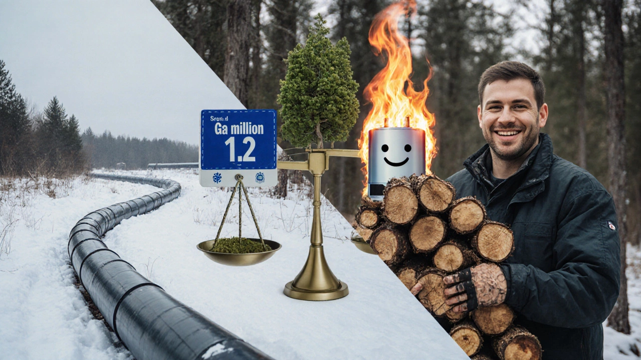 Сравнение газовой магистрали и заготовки дров на фоне котлов.