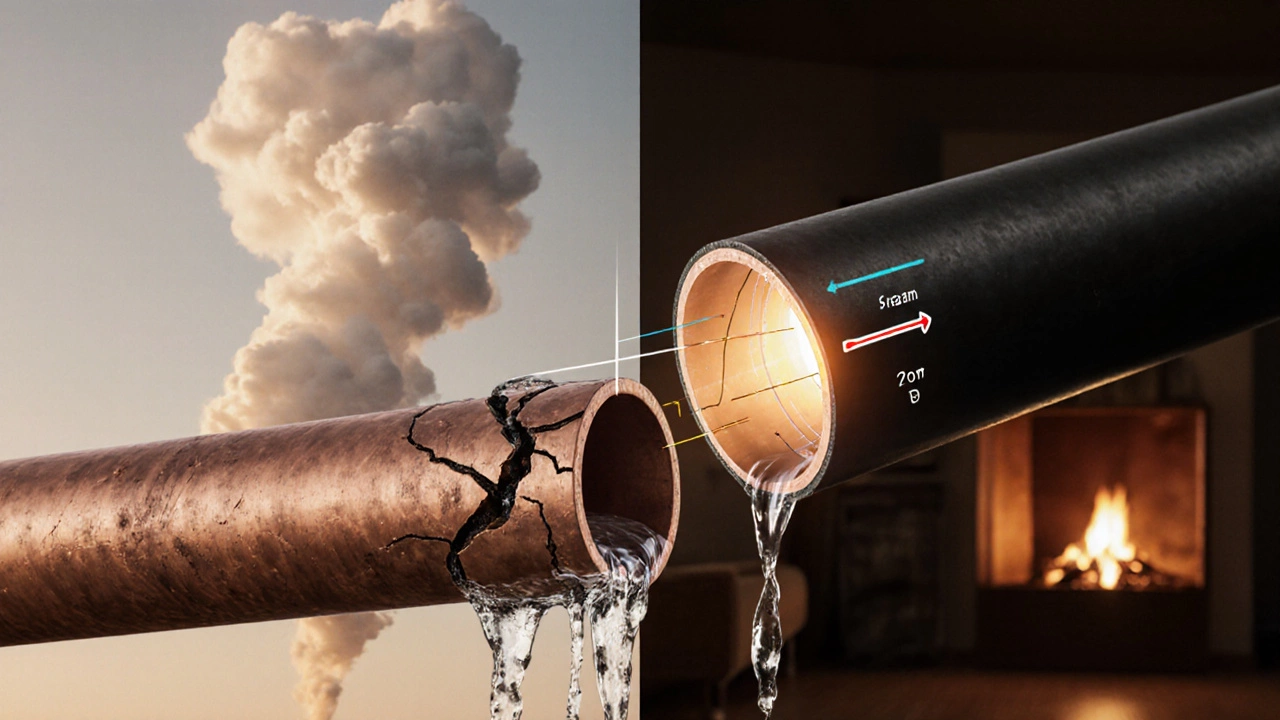 Сравнение медной и полипропиленовой труб: внутренние диаметры и скорость потока воды, одна труба течёт, другая протекает.