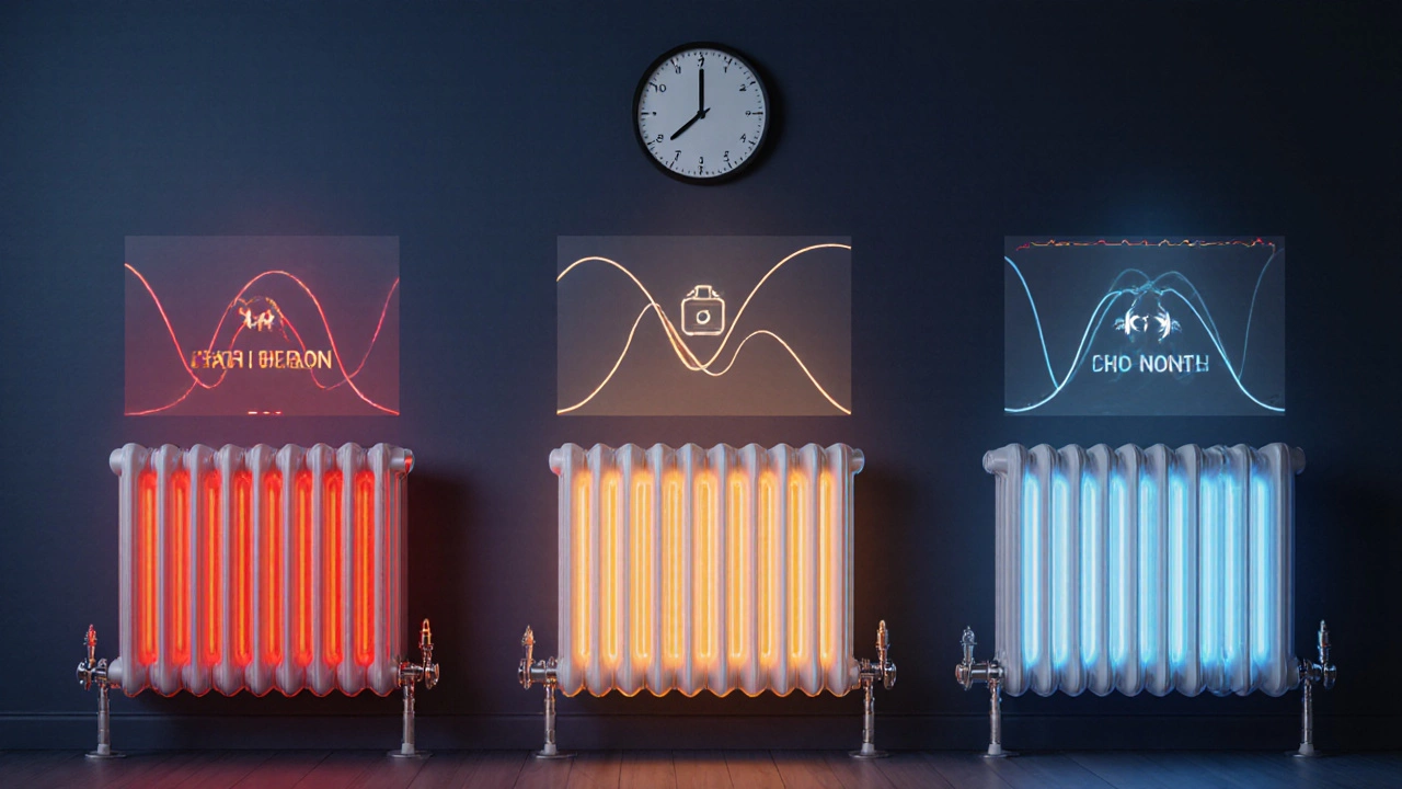 Сравнение трех радиаторов по времени удержания тепла: чугун (красный), биметалл (оранжевый), сталь (голубой) — тепловые волны разной длительности.