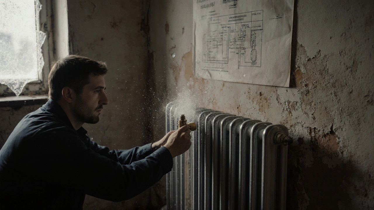 Техник открывает кран Маевского на биметаллическом радиаторе в старой квартире, выбрасывая воздух и воду.