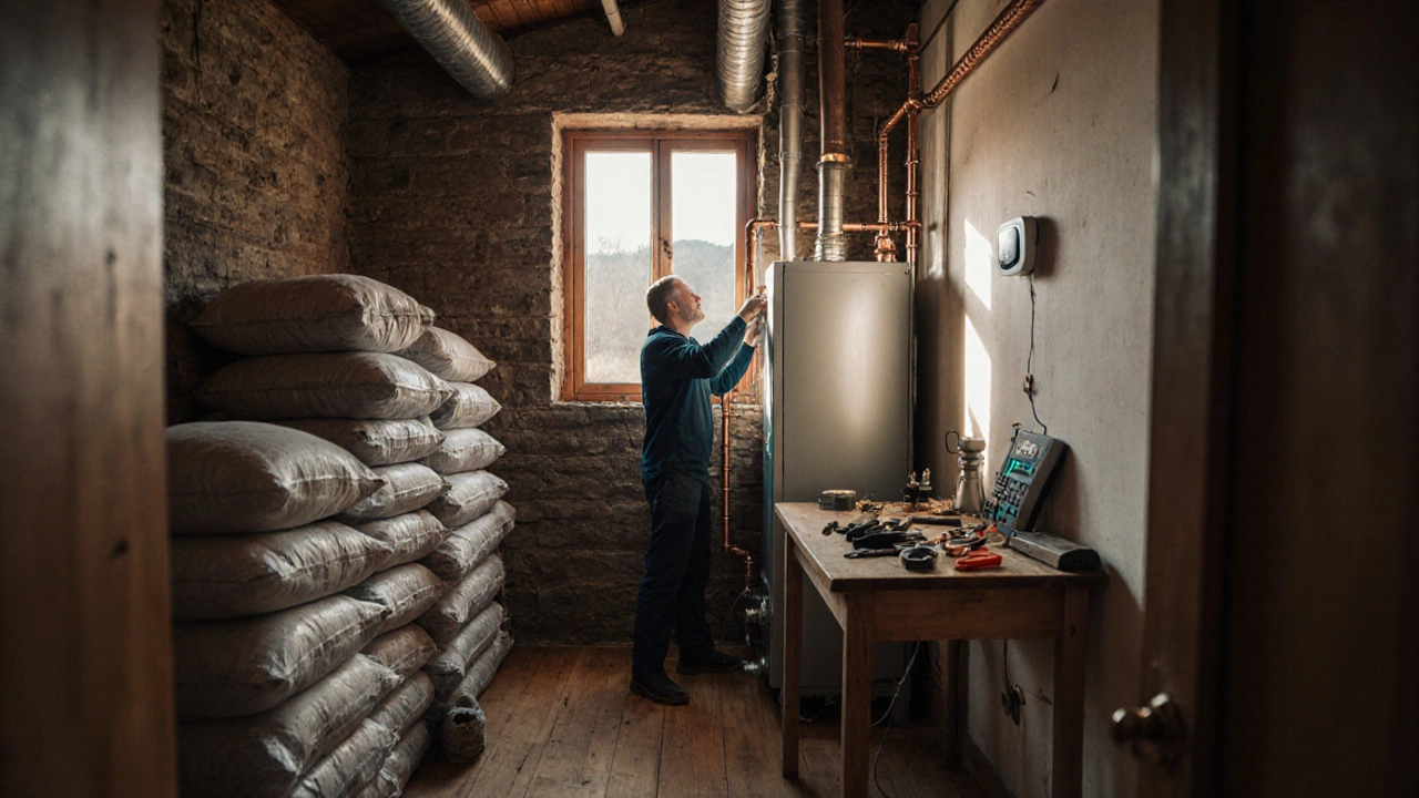 Техник устанавливает пеллетный котел в сельском доме, рядом — мешки с топливом и чистые трубы системы отопления.
