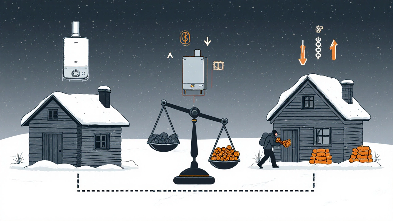 Три типа домов с разными котлами: электрический, газовый и твердотопливный, показывающие разницу в затратах на отопление.