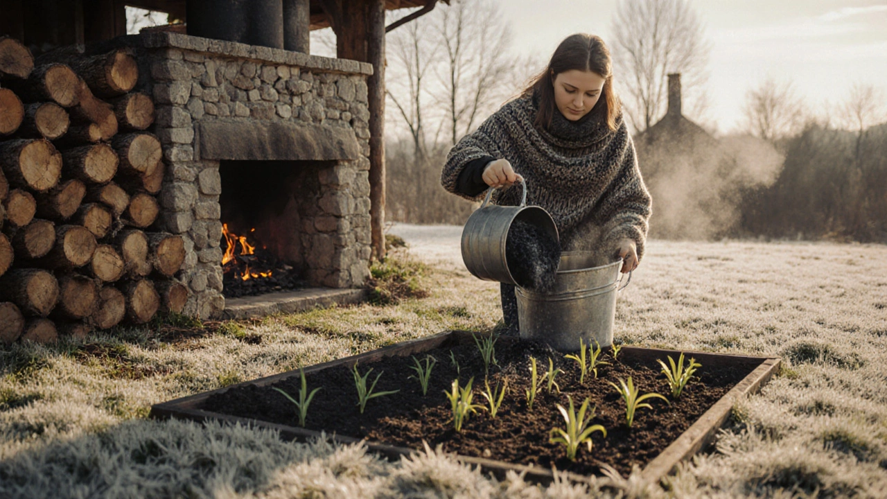 Женщина высыпает золу из ведра в огород — признак устойчивого использования отходов от отопления.