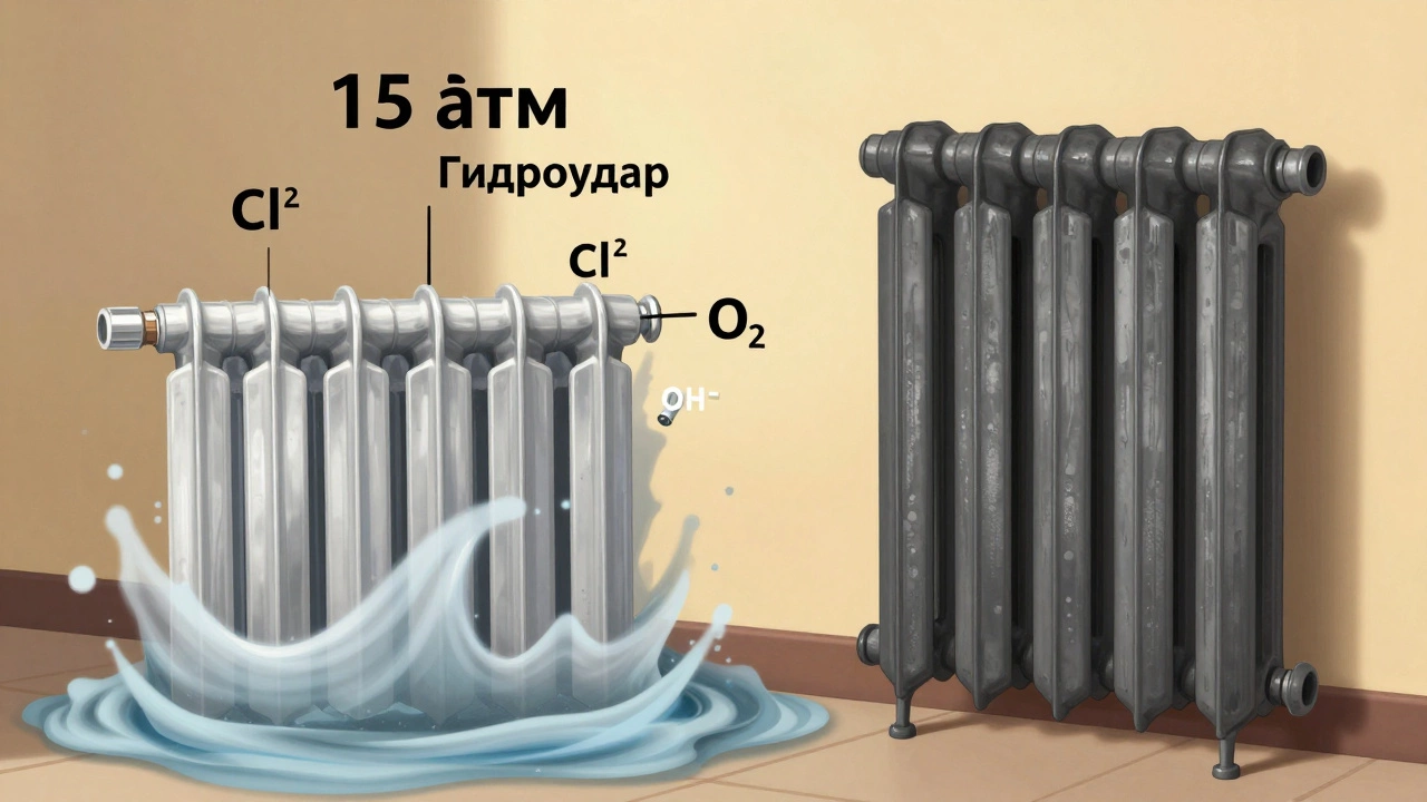 Алюминиевый радиатор разрушается под давлением и химической коррозией, рядом — неповреждённый чугунный.