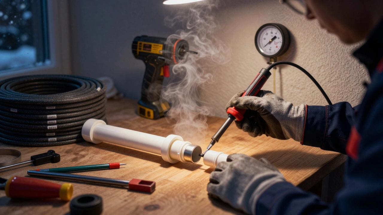Монтаж полипропиленовых труб с паяльником в теплом гараже зимой при +12°C.