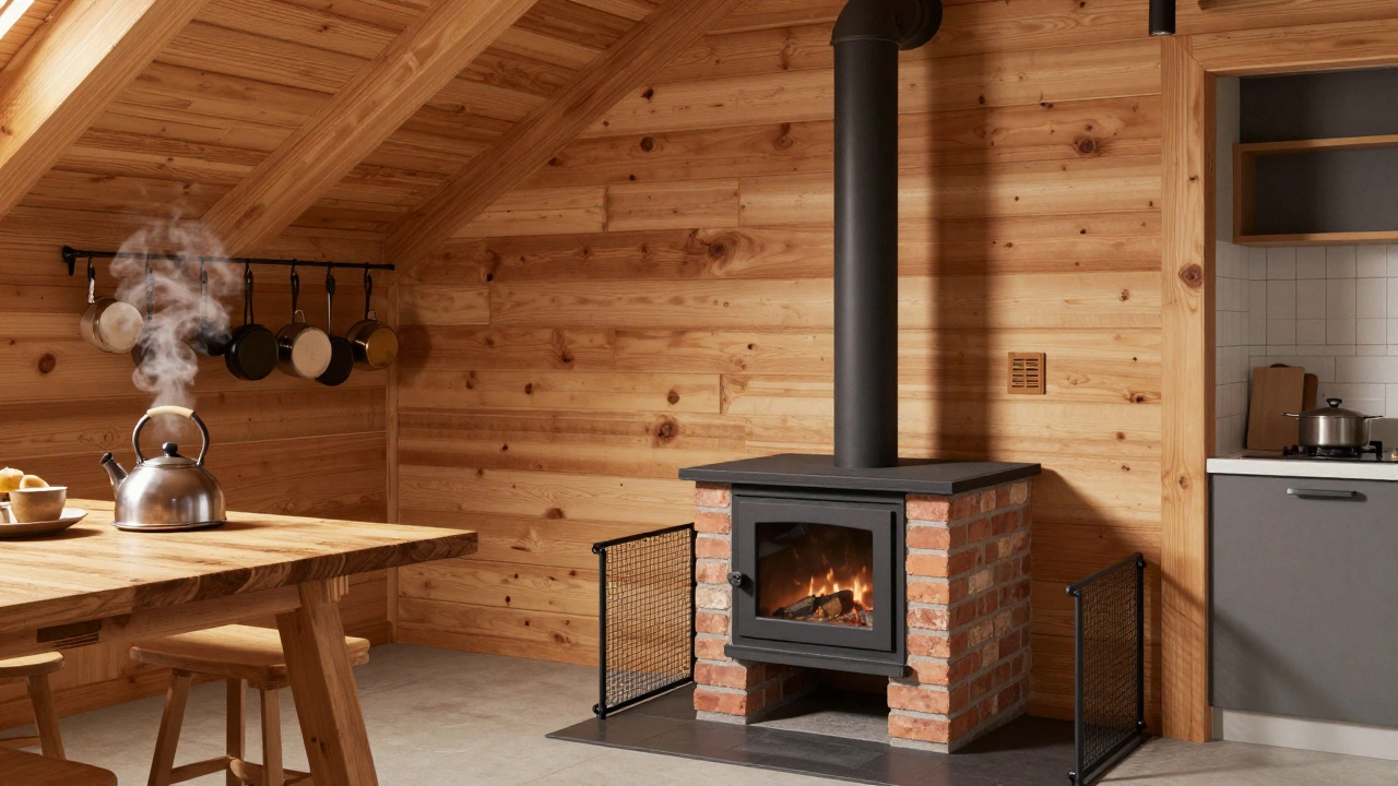 Печь рядом с кухней, с дымоходом и защитным экраном, готовящая еду на огне.