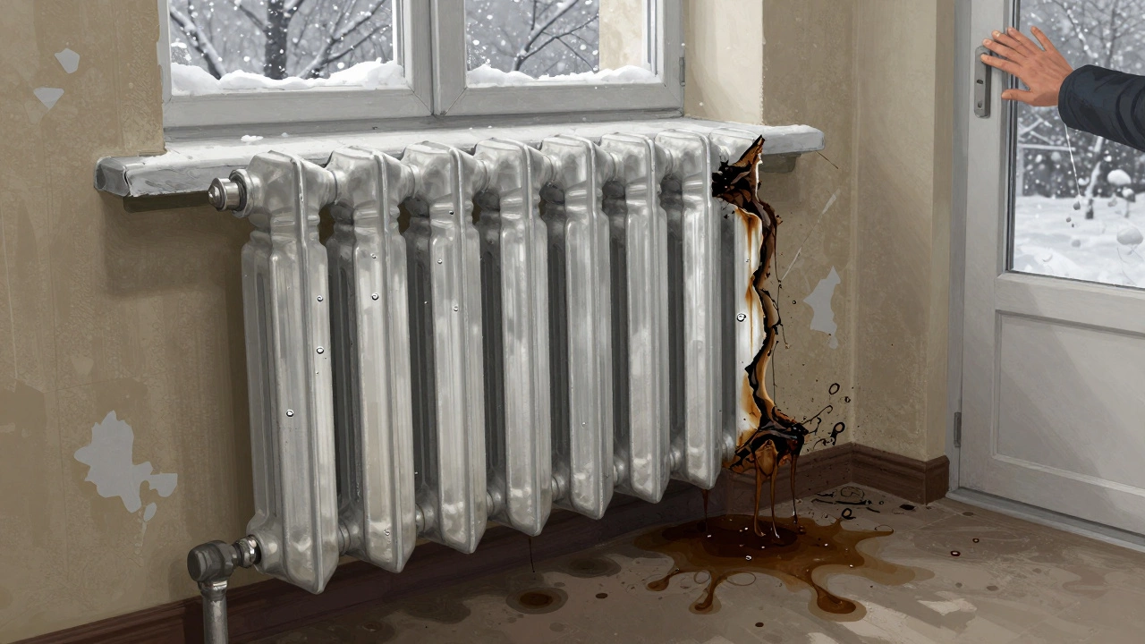 Повреждённый алюминиевый радиатор с течью, вода стекает на потолок соседей.