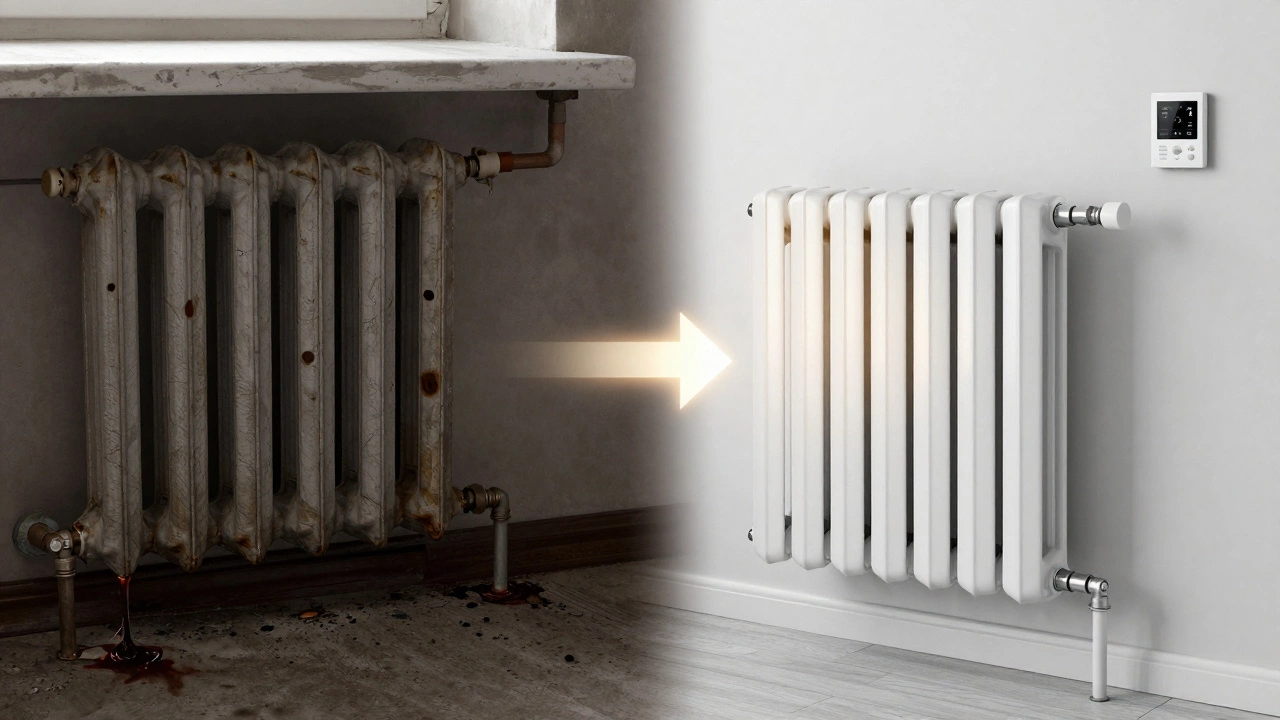 Разделённая сцена: старый протекающий чугунный радиатор слева и современный биметаллический справа.