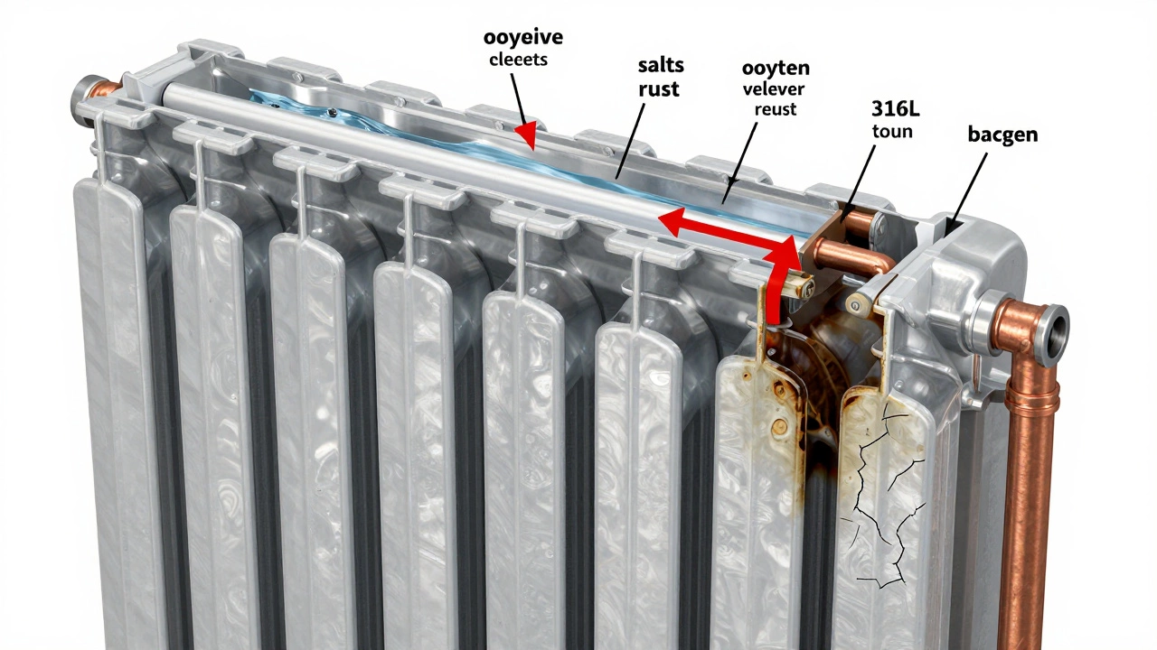 Разрез биметаллического радиатора: нержавеющая сталь внутри, алюминий снаружи, коррозия блокируется