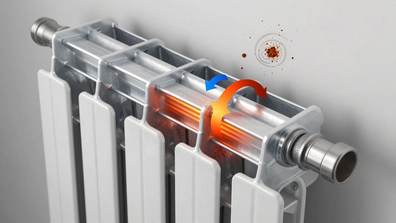 Разрез биметаллического радиатора: стальной сердечник внутри, алюминиевые пластины снаружи, поток тепла и примеси в воде.