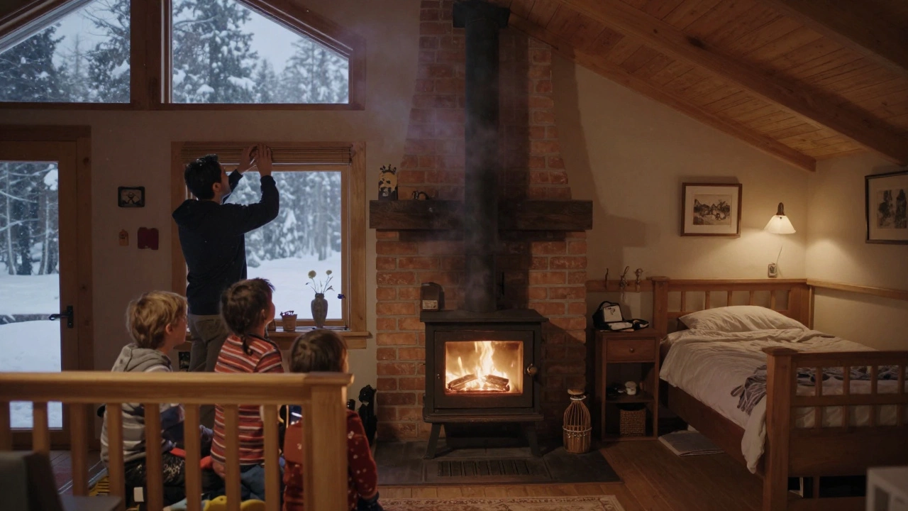 Семья рядом с безопасно установленной печью, тепло распределяется в спальню через вентиляцию.