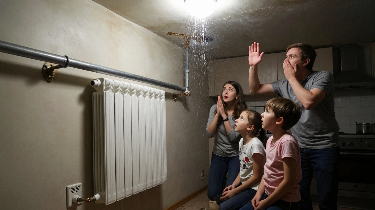 Семья смотрит на разорвавшийся радиатор, вода льётся на потолок, видны сталь и медь в системе.