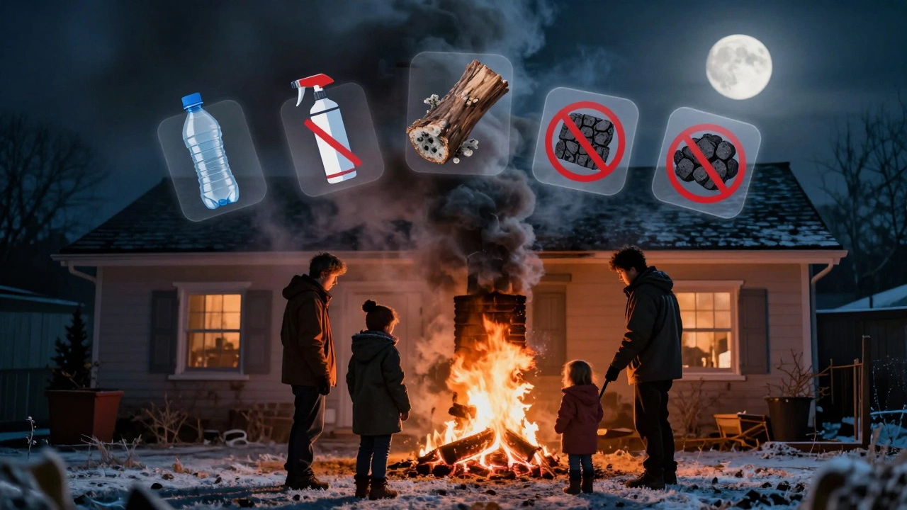 Семья стоит вне дома, а из трубы идёт дым — над огнём висят запрещённые предметы.