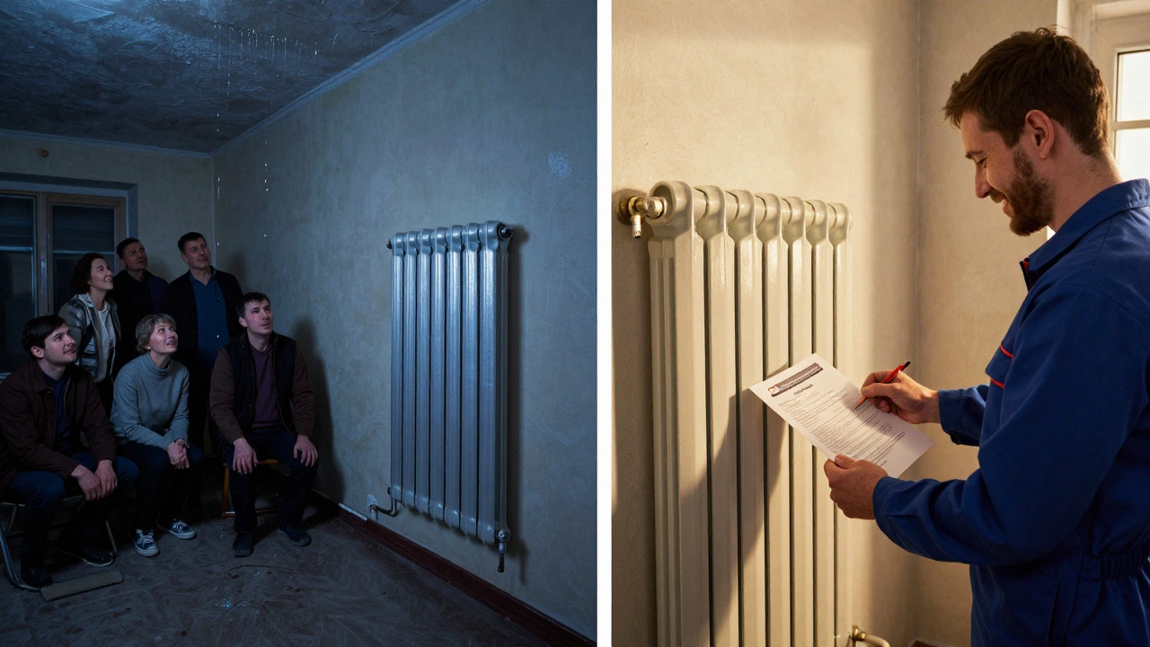 Слева: протекающий алюминиевый радиатор с водой на полу, справа: новый биметаллический радиатор с техником и документами.