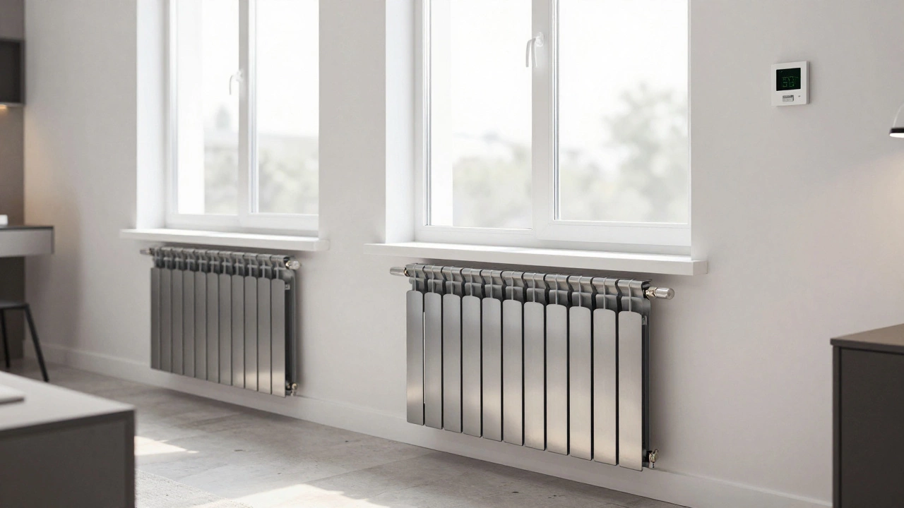 Современный биметаллический радиатор под окном в новой квартире, излучающий равномерное тепло.