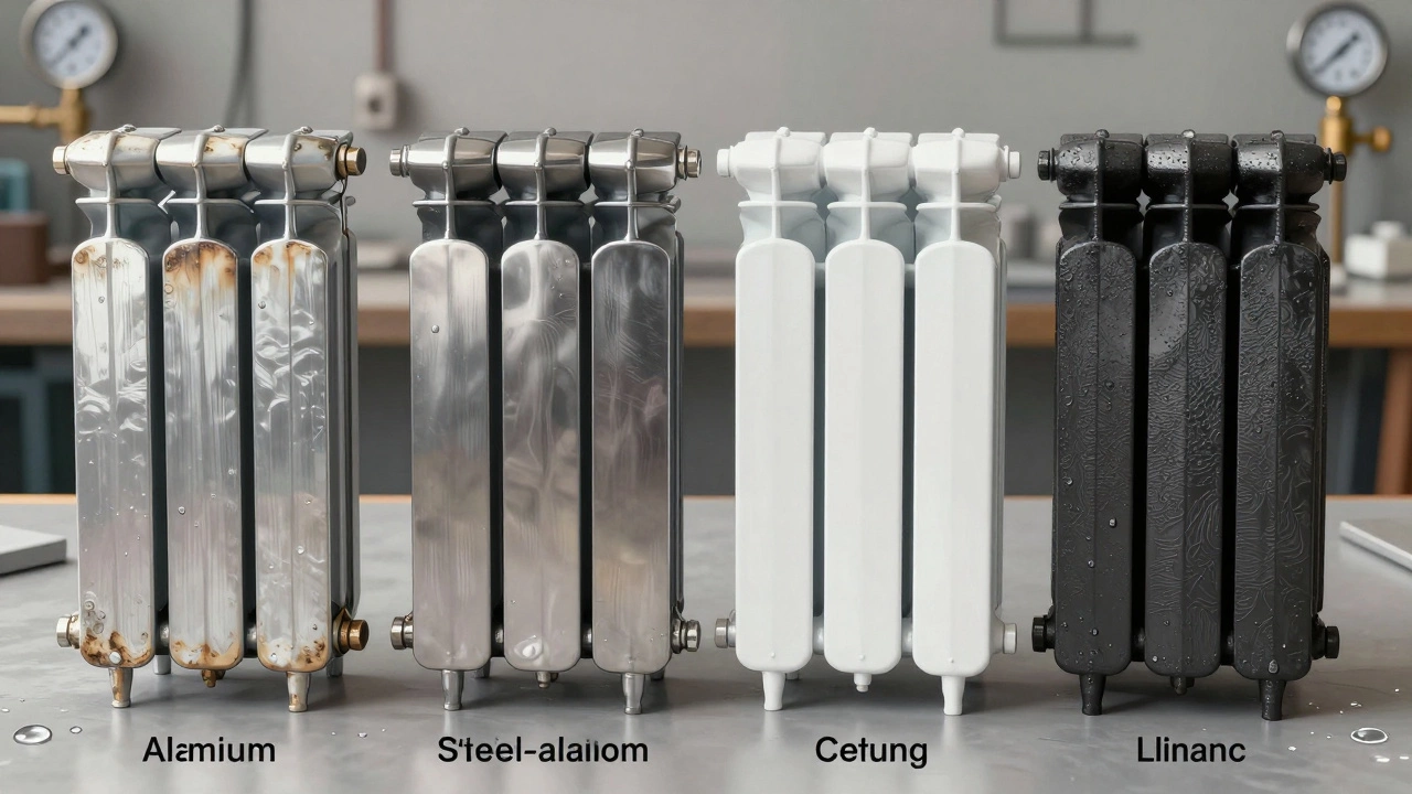 Сравнение четырёх типов радиаторов: алюминиевого, биметаллического, стального и чугунного на рабочем столе.