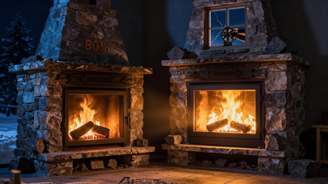 Сравнение неэффективного открытого камина и эффективного закрытого с аккумуляторами тепла и вентилятором.