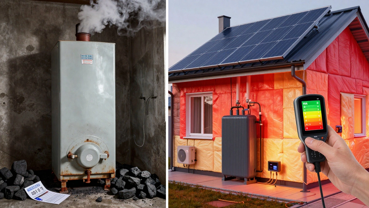 Сравнение старого неэффективного отопления и современной энергоэффективной системы с утеплением и тепловым аккумулятором.