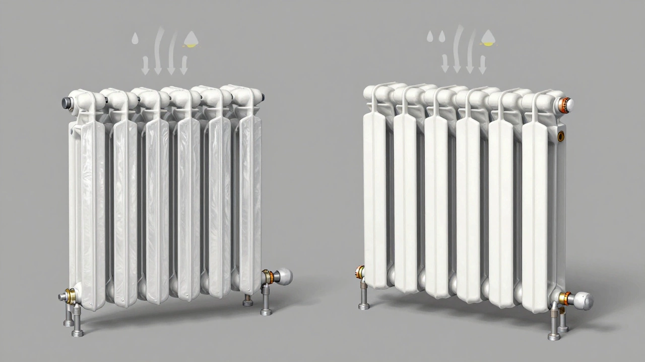 Сравнение внутреннего устройства чугунного и биметаллического радиатора с потоками тепла и давления.