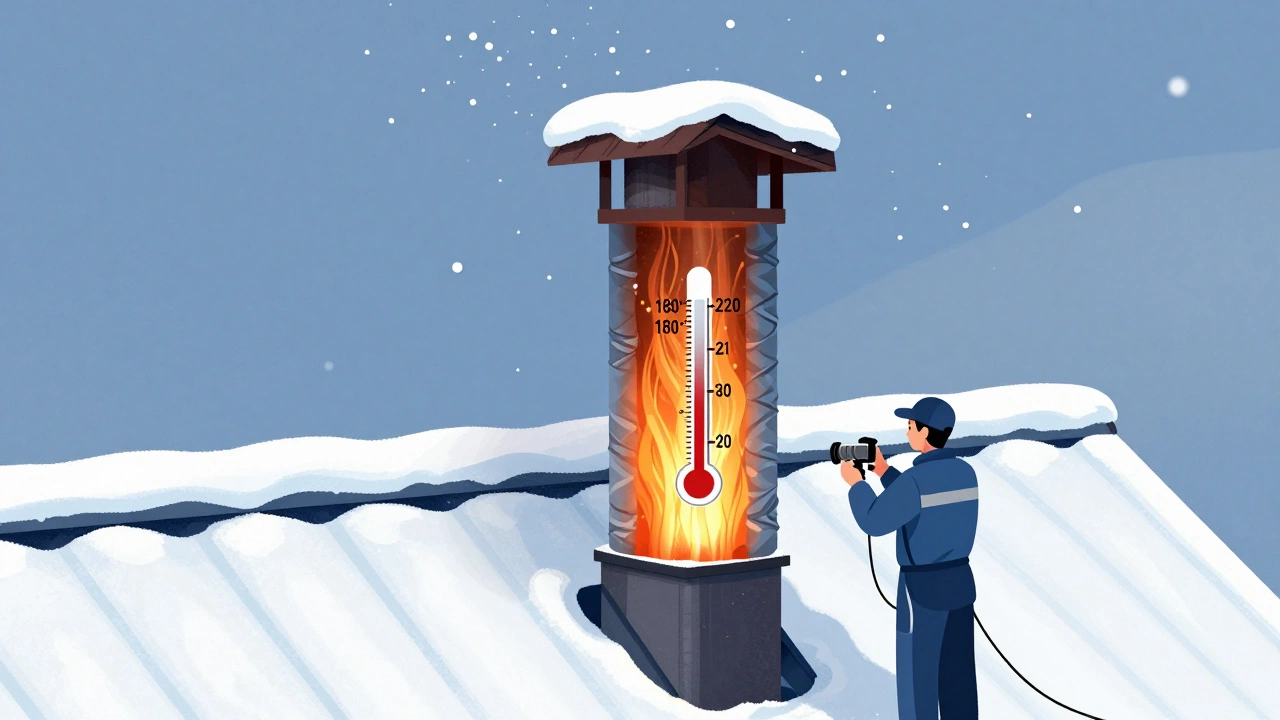 Теплоизолированный дымоход в снежном Казани, с температурой 180–220°C на высоте 2 метров, профессионал проверяет его камерой.