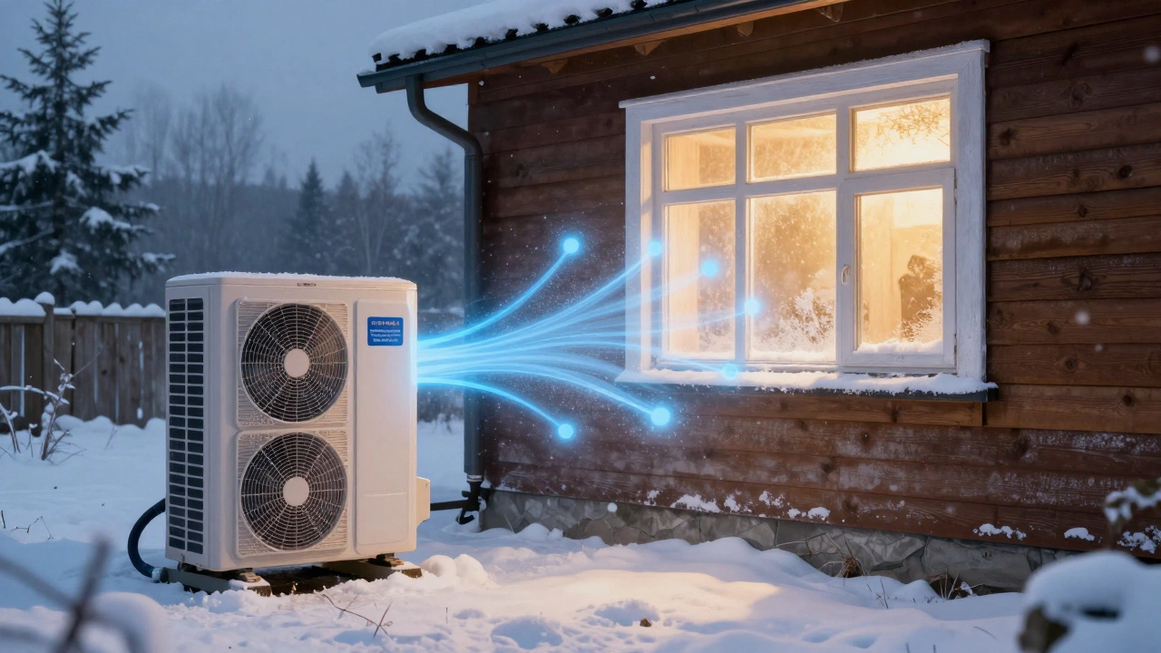 Тепловой насос забирает тепло из снежного воздуха, преобразуя его в тепло внутри дома с символом государственной субсидии.