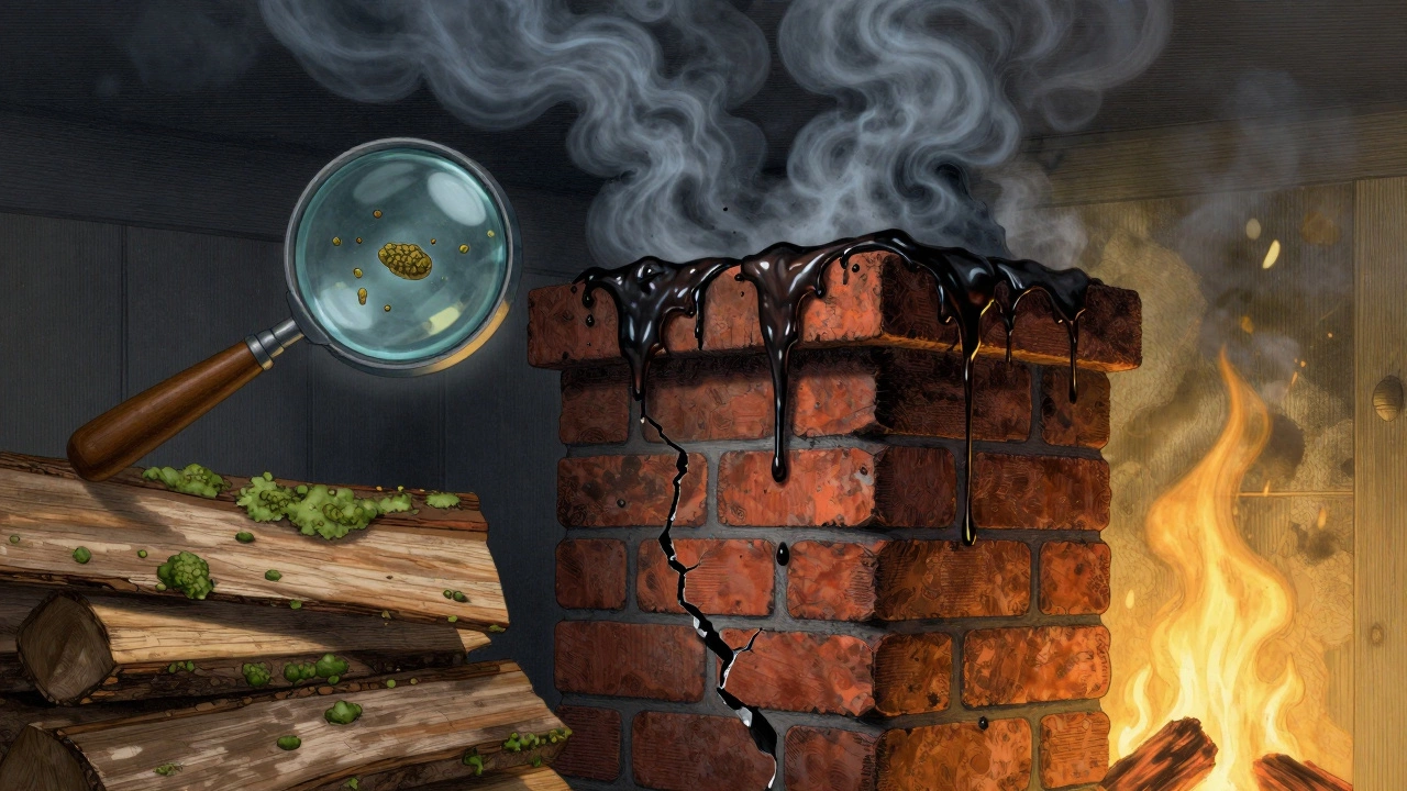 Внутри дымохода накопился смолистый налёт от сожжённой лакированной мебели и плесени на дровах.