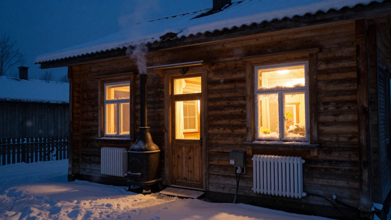 Зимний частный дом в России с теплым светом из окон, где видны радиаторы внутри, снег падает за окном.