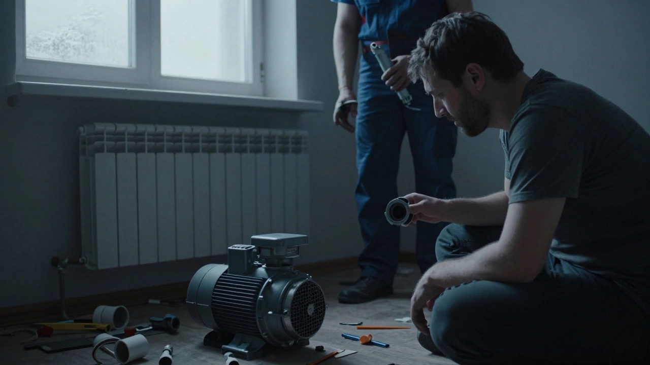 Холодная комната с немощным радиатором и перегревающимся насосом на полу, рядом техник держит новую трубу.