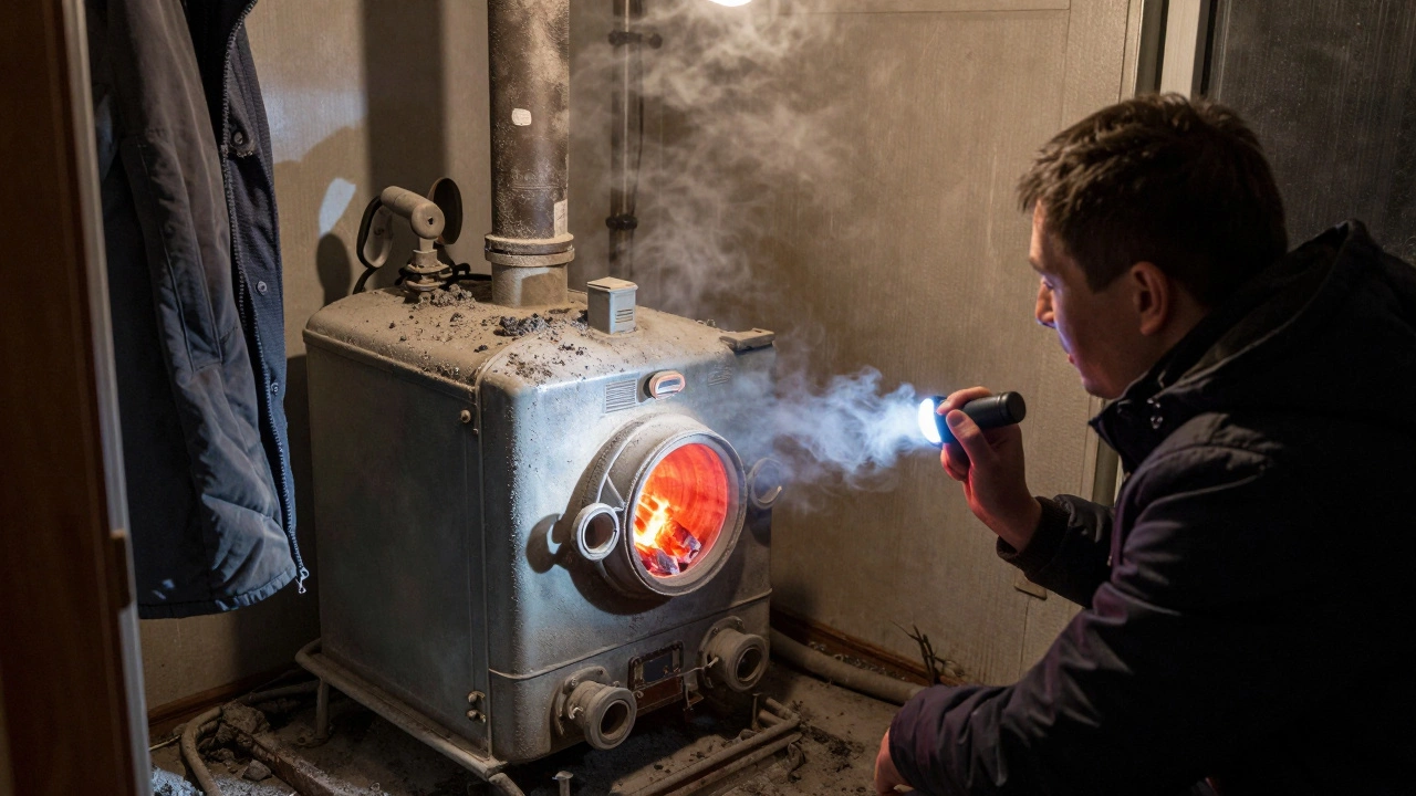 Хозяин дома в Казани проверяет пиролизный котел ночью, старый котел в углу покрыт сажей