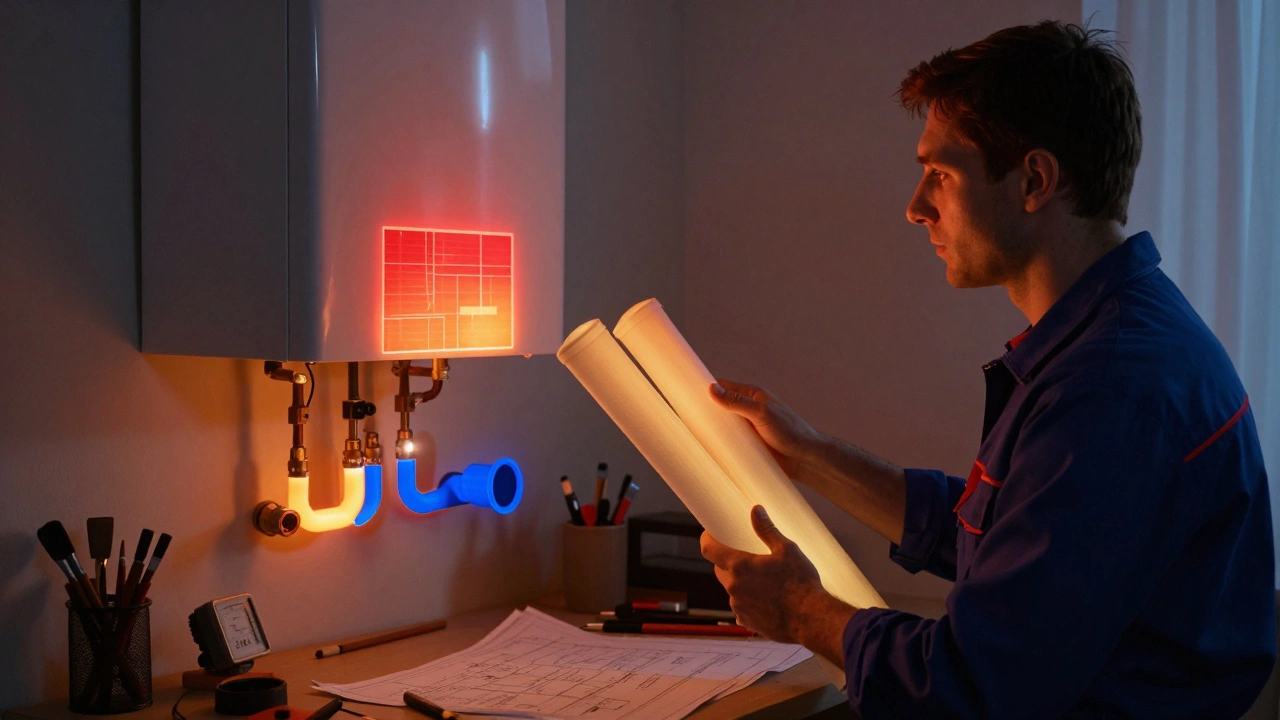 Мастер сравнивает трубы 20 и 25 мм, на стене — тепловая карта системы отопления.