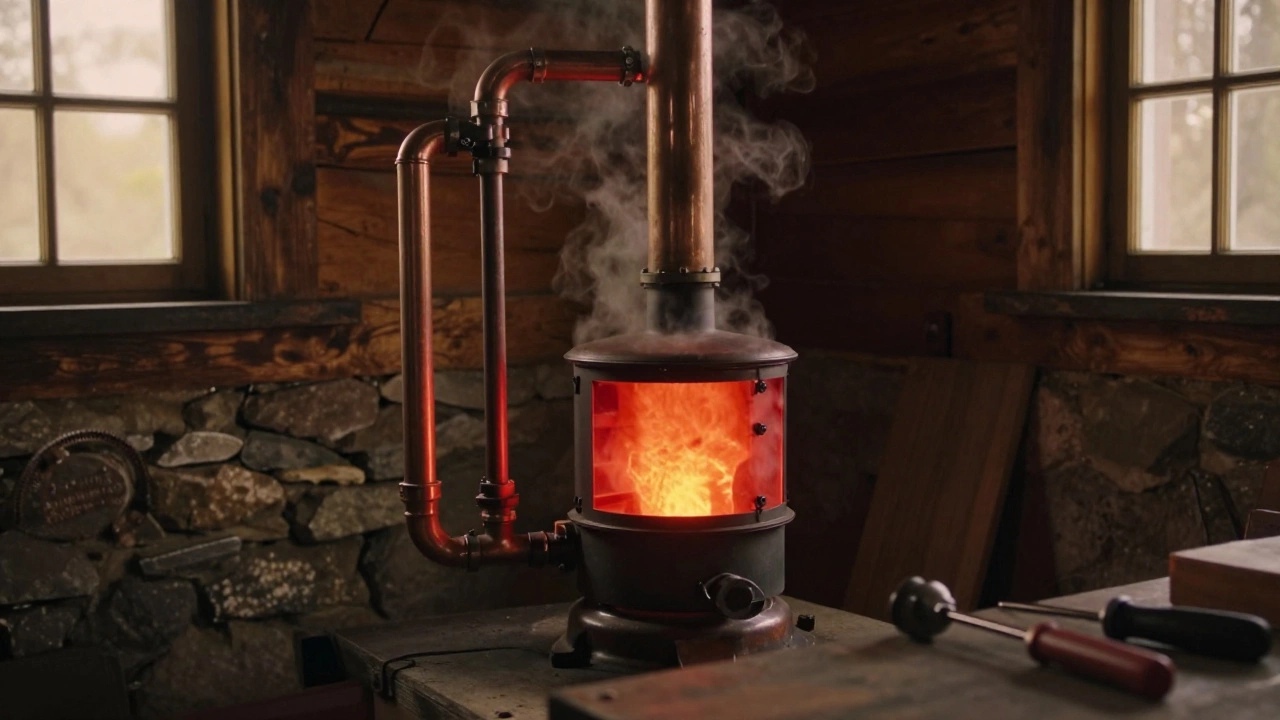 Медные трубы в деревянном коттедже, соединённые с твёрдотопливным котлом, из которых поднимается пар.