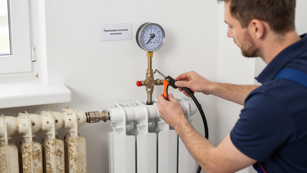 Монтаж новой биметаллической батареи с показателем давления 30 атм