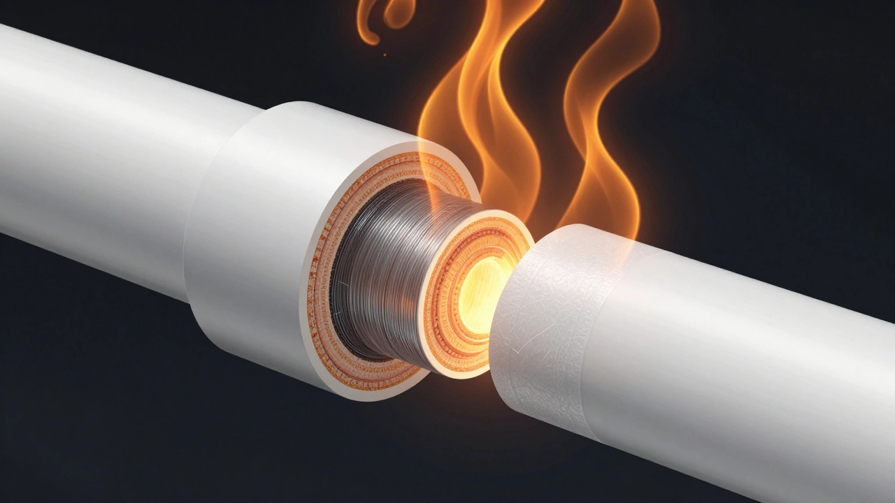 Разрез трубы из полипропилена с армированием стекловолокном, показывающий внутреннюю структуру.