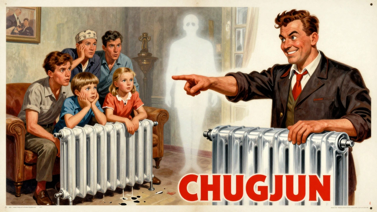 Семья наблюдает за протекающим радиатором, рядом — продавец с новым устройством, на фоне — старый чугунный радиатор.