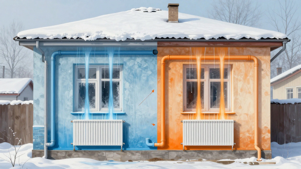 Схема движения воды в системе отопления: медленный поток по тонкой трубе и равномерный по толстой.