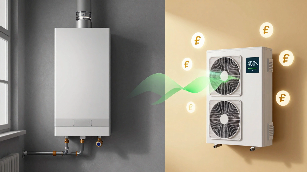 Сравнение газового котла и теплового насоса: слева — старая система, справа — современная с высокой эффективностью.
